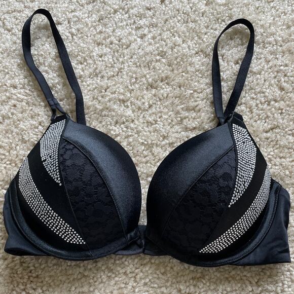 Black Rhinestone & Lace Victoria's Secret Bombshell Bra 32B - Picture 1 of 10